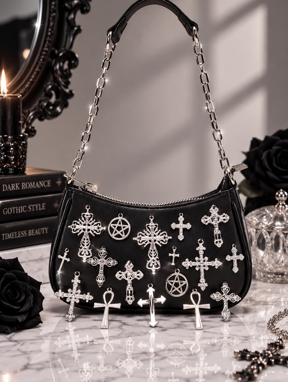 Widow Idol Worship Mini Handbag Black Gothic Cross Pentagram Charm Baguette NWT